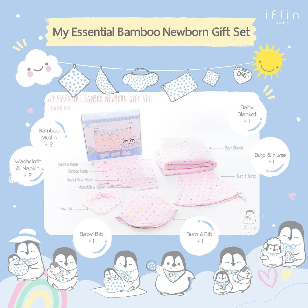 Iflin Baby - My Essential Bamboo Newborn Gift Set - Playful Pink - 8pcs