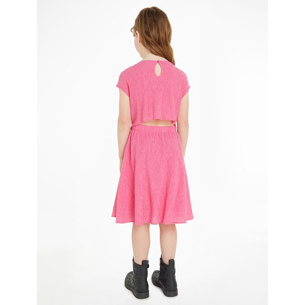 Calvin Klein - Crinkle Short Sleeve Fit Flare Dress - Pink