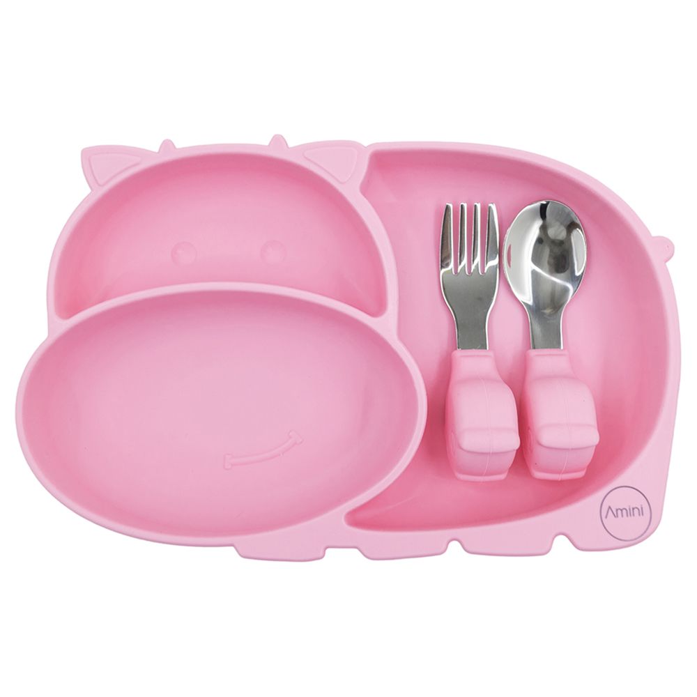 A'ish Home - Amini Kids Hippo Plate & Cutlery Set - Pink