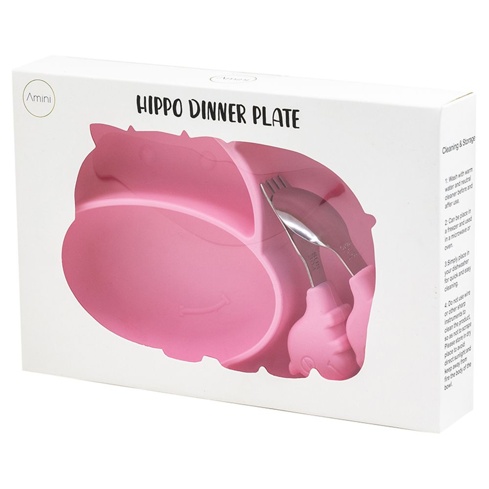 A'ish Home - Amini Kids Hippo Plate & Cutlery Set - Pink