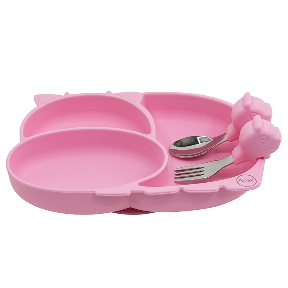 A'ish Home - Amini Kids Hippo Plate & Cutlery Set - Pink