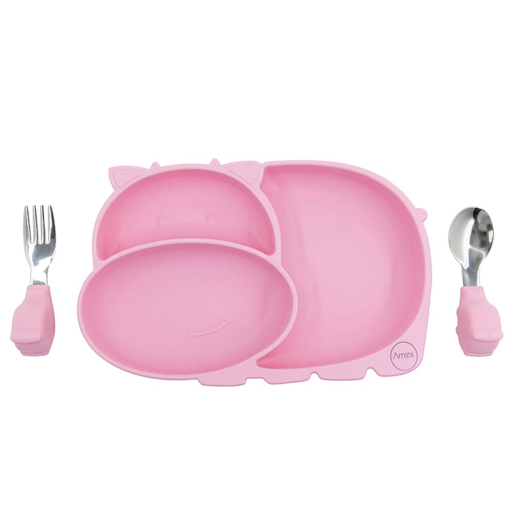 A'ish Home - Amini Kids Hippo Plate & Cutlery Set - Pink