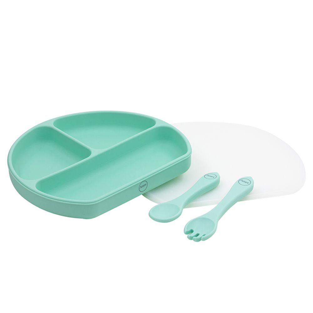 A'ish Home - Covered Grip Plate w/ Spoon & Fork - Mint Green