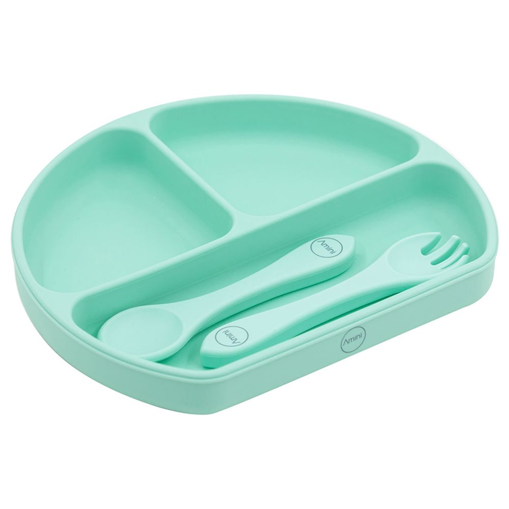 A'ish Home - Covered Grip Plate w/ Spoon & Fork - Mint Green