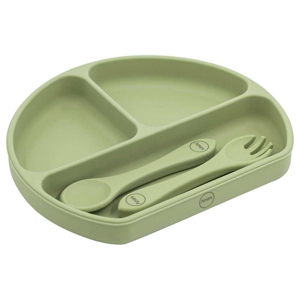 A'ish Home - Covered Grip Plate w/ Spoon & Fork - Olive Green