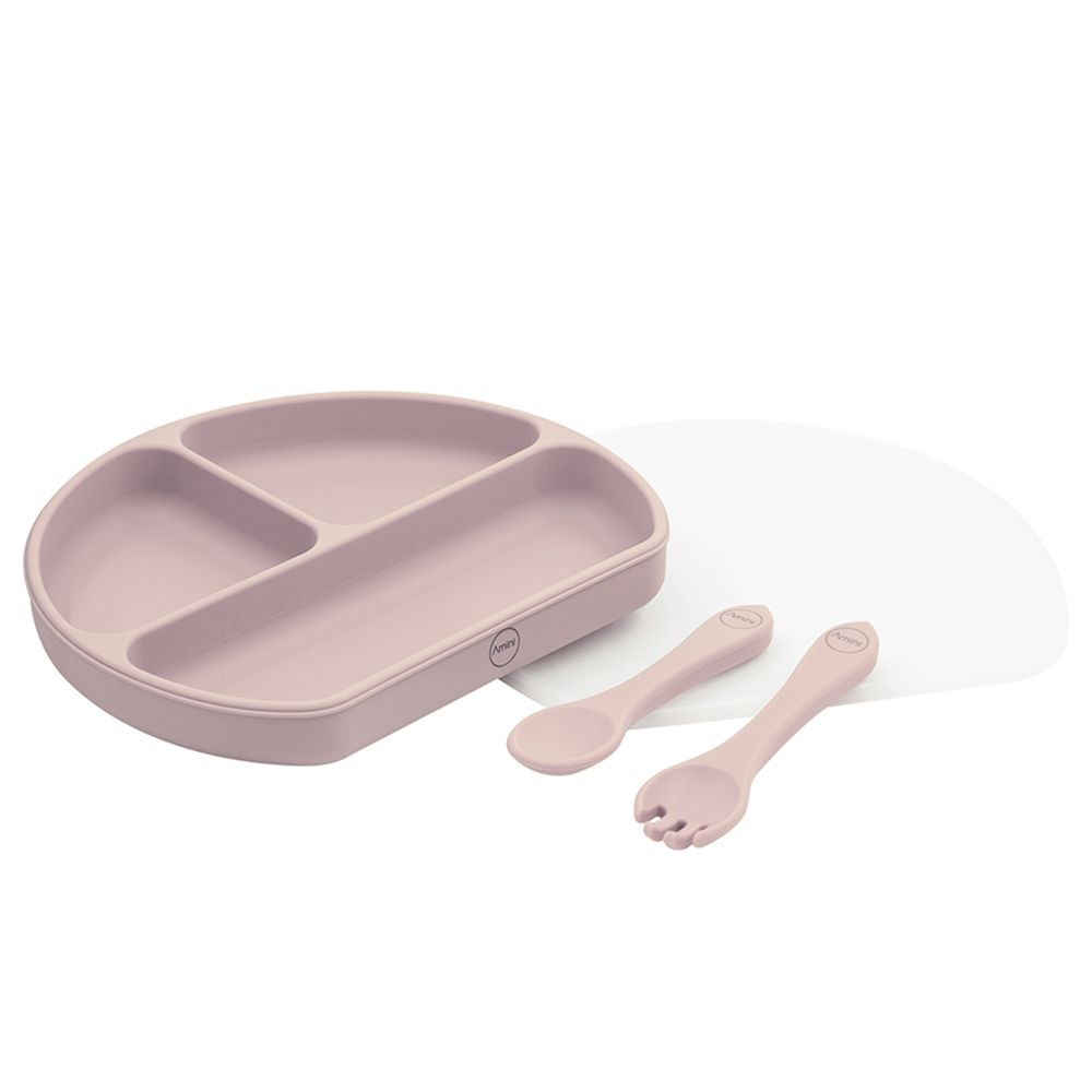 A'ish Home - Covered Grip Plate w/ Spoon & Fork - Rose Pink