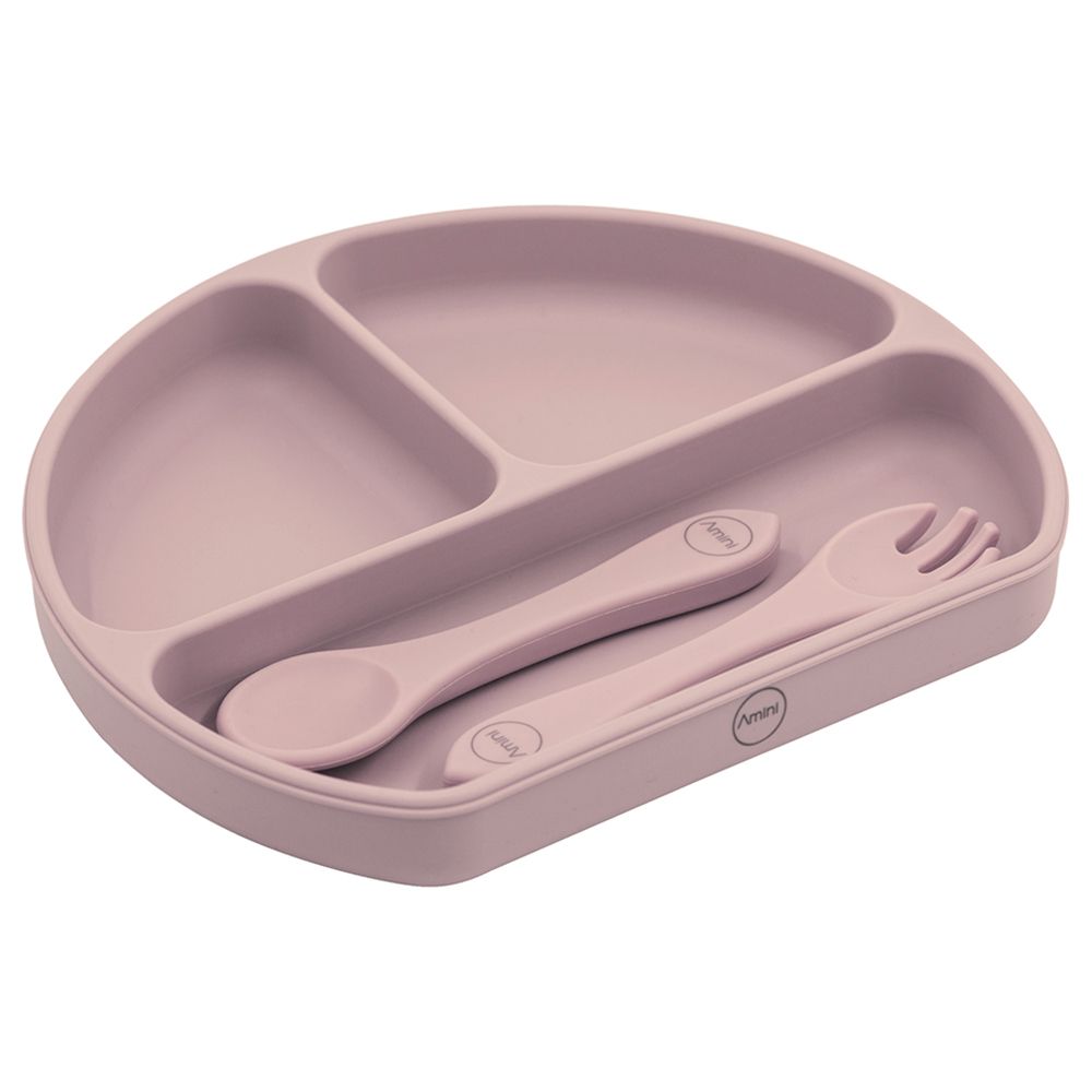 A'ish Home - Covered Grip Plate w/ Spoon & Fork - Rose Pink