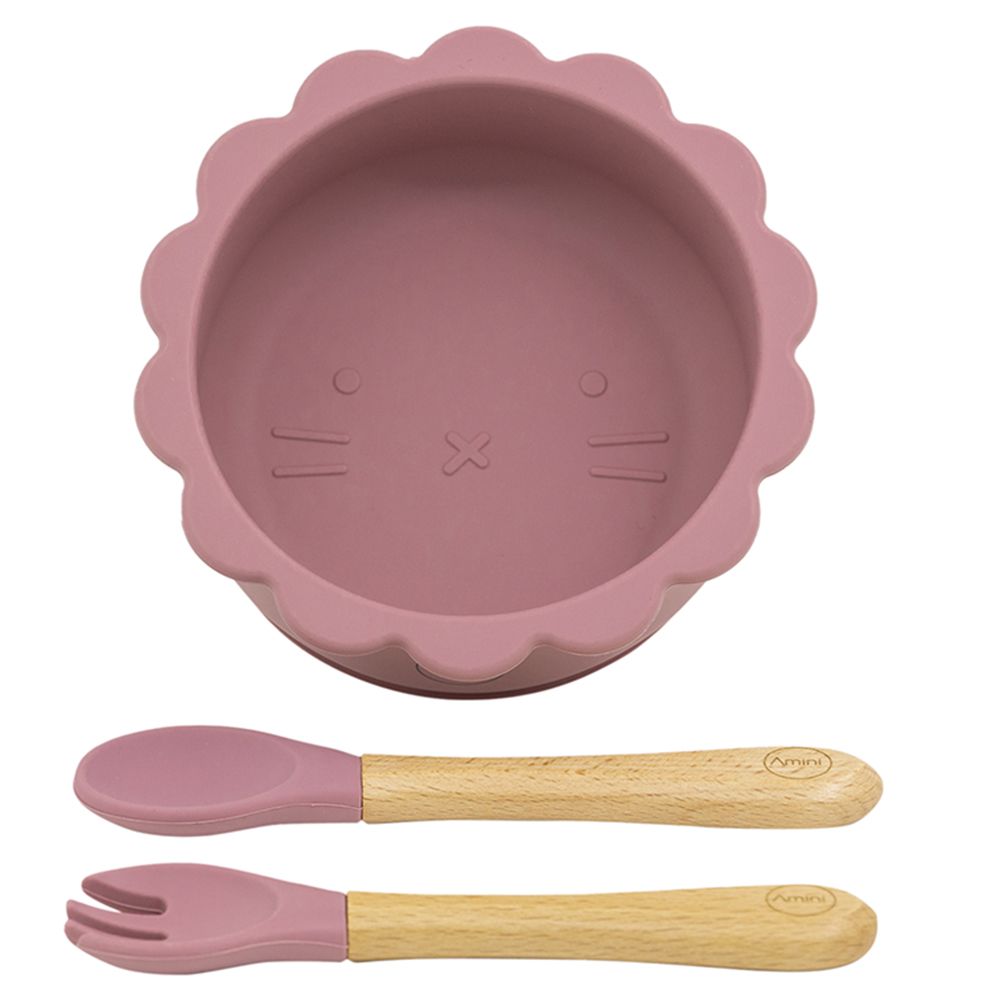 A'ish Home - Baby Lion Suction Bowl w/ Spoon & Fork - Pink