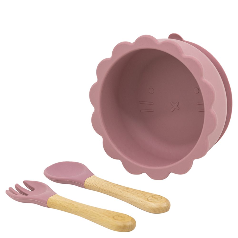 A'ish Home - Baby Lion Suction Bowl w/ Spoon & Fork - Pink