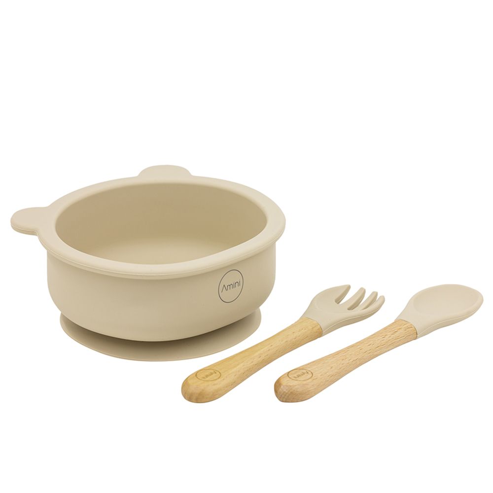 A'ish Home - Baby Bear Suction Bowl w/ Spoon & Fork - Beige