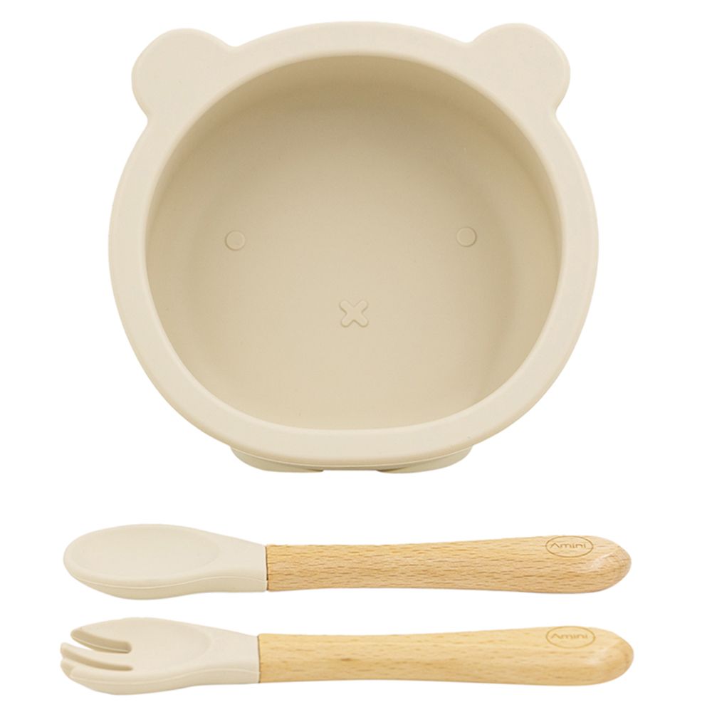 A'ish Home - Baby Bear Suction Bowl w/ Spoon & Fork - Beige