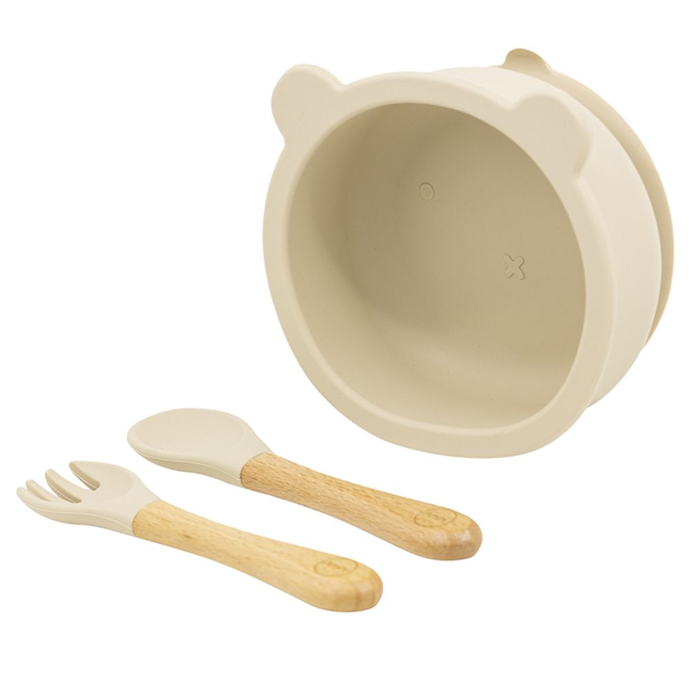 A'ish Home - Baby Bear Suction Bowl w/ Spoon & Fork - Beige