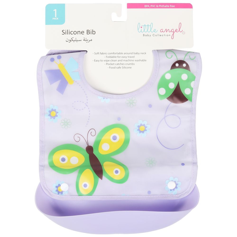 Little Angel - Butterfly Printed Baby Silicon Bib - Purple