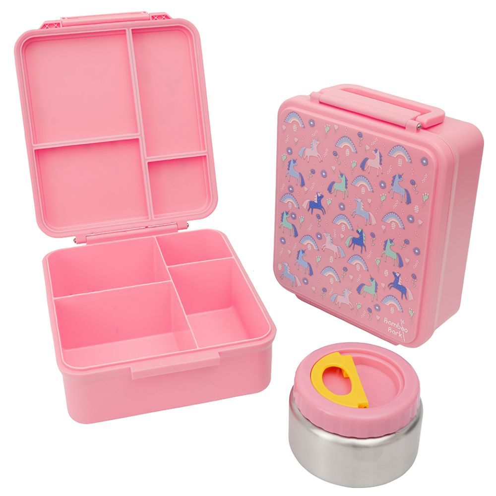 Bamboo Bark - 4 Compartment Lunch Box With Food Jar - Pink