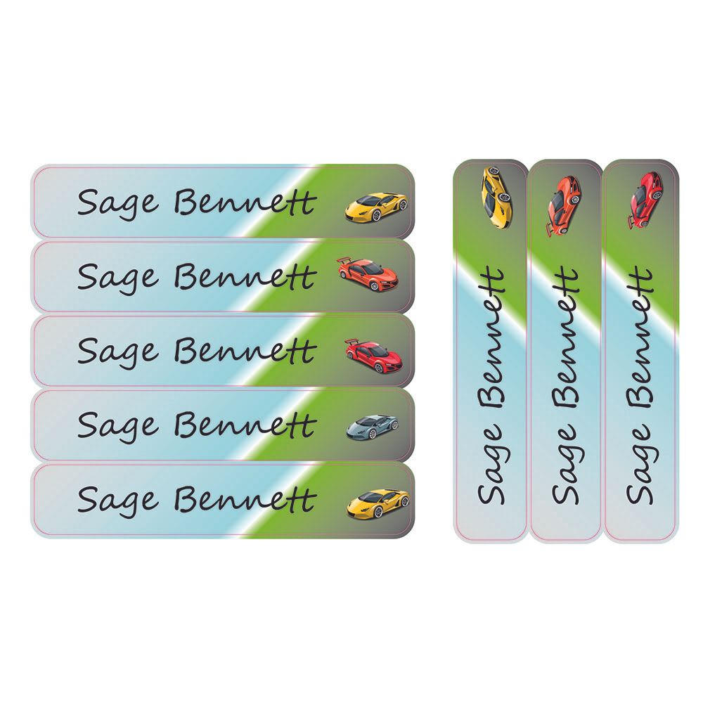 Ladybug Labels - Personalized Waterproof Large Labels - Racing Cars - 30pcs