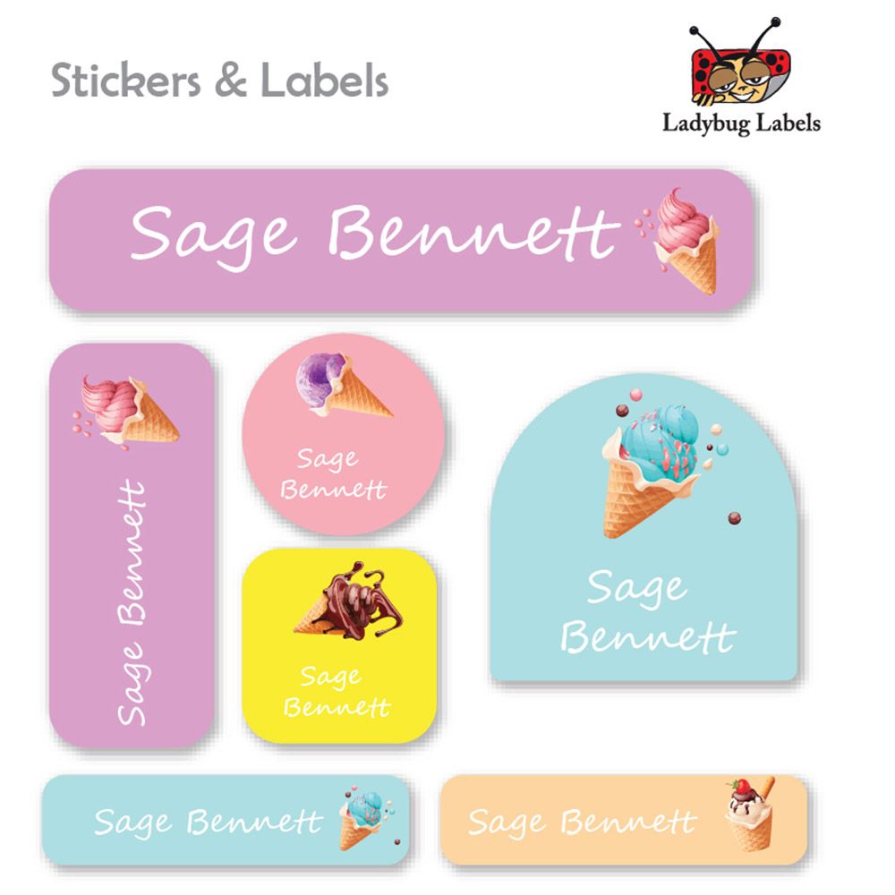 Ladybug Labels - Personalized Waterproof Labels - Ice Cream - 111pcs