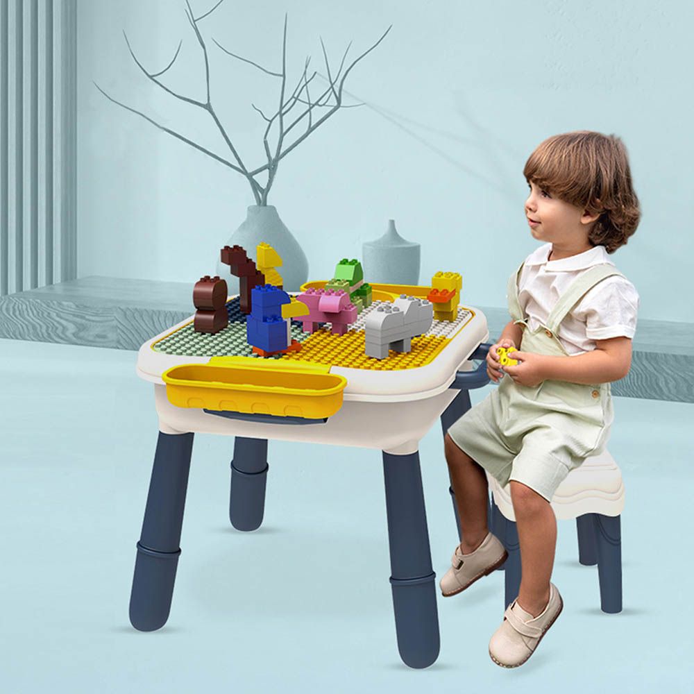 Little Story - 4-in-1 Block Activity Table With Stool And Blocks - Blue