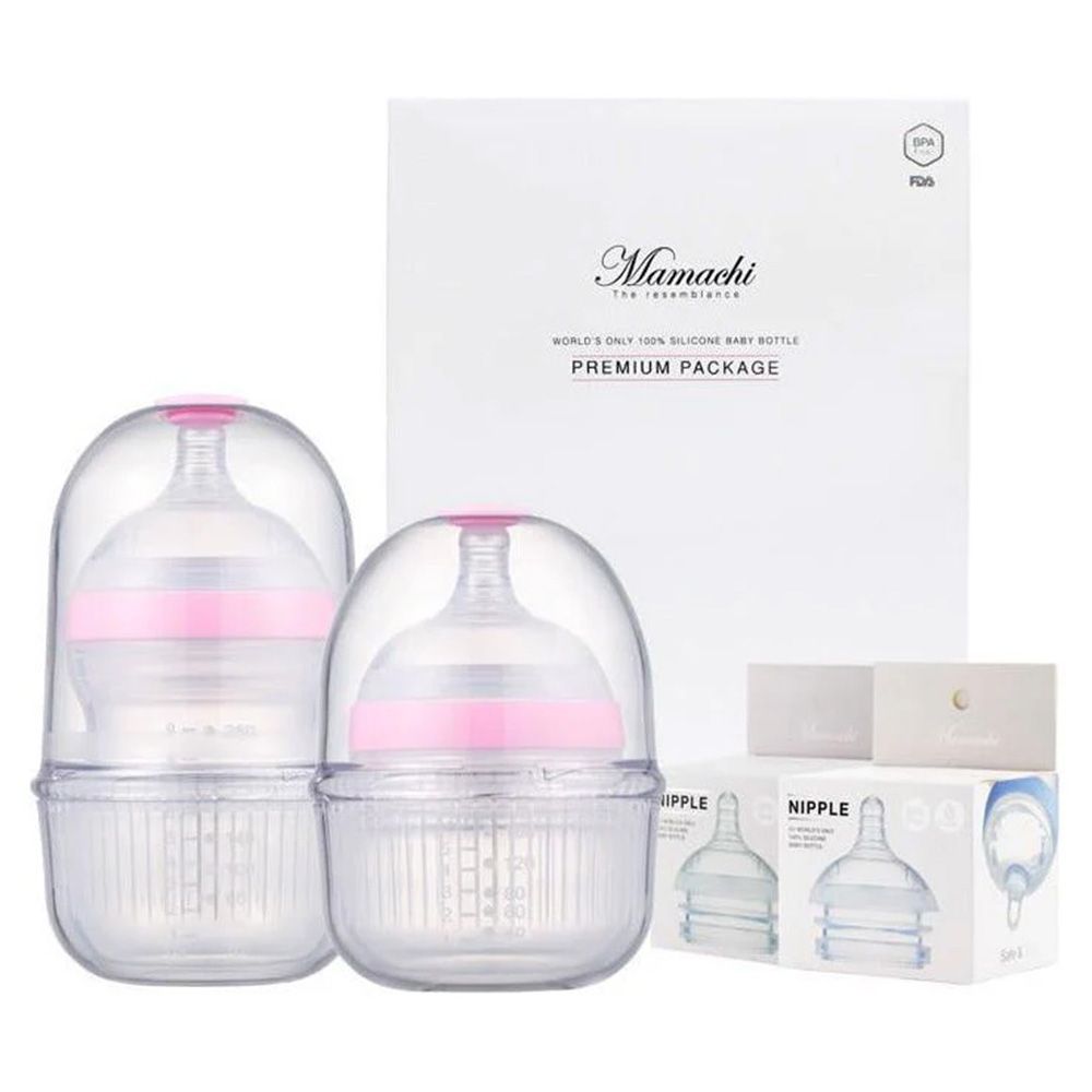 Mamachi - Silicone Baby Bottle w/ Outdoor Carrier & Nipples - Pink - 8 Pcs