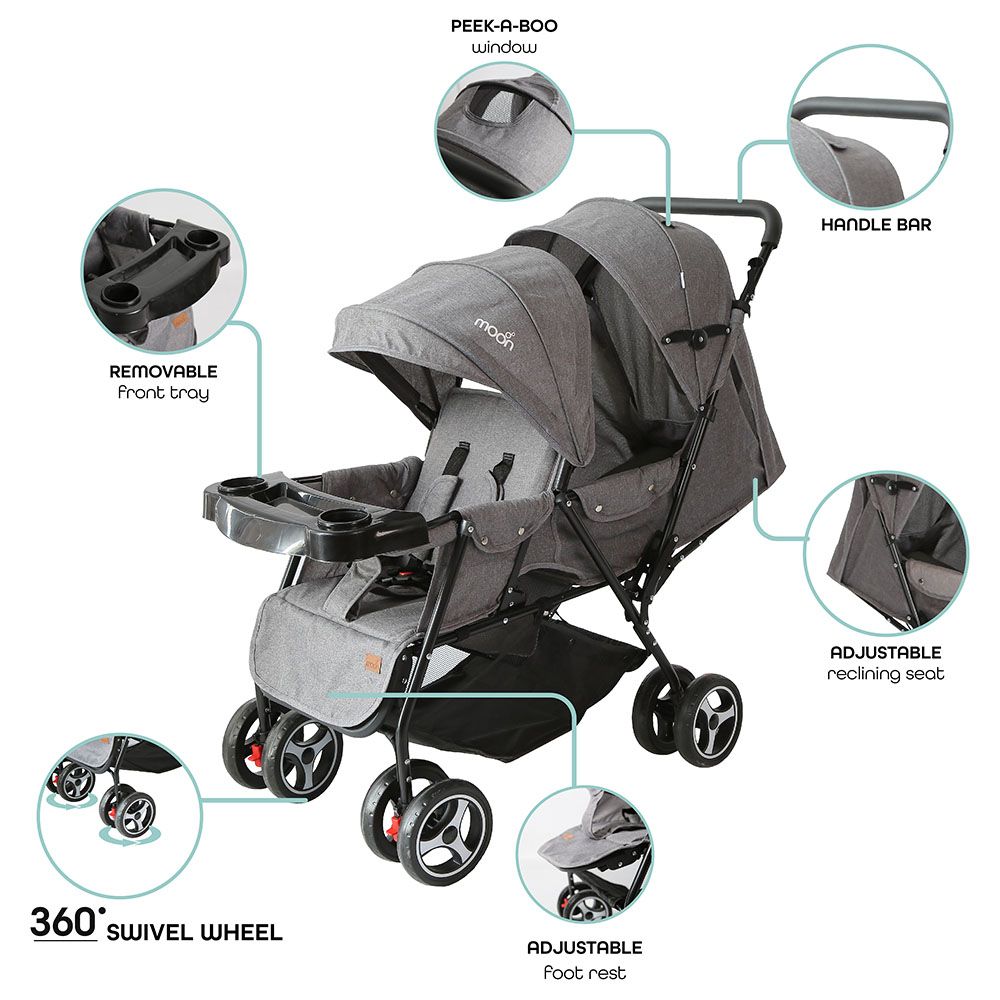 Moon - Tandem Easy Fold Twin Stroller - Grey & Nutra Diaper Backpack