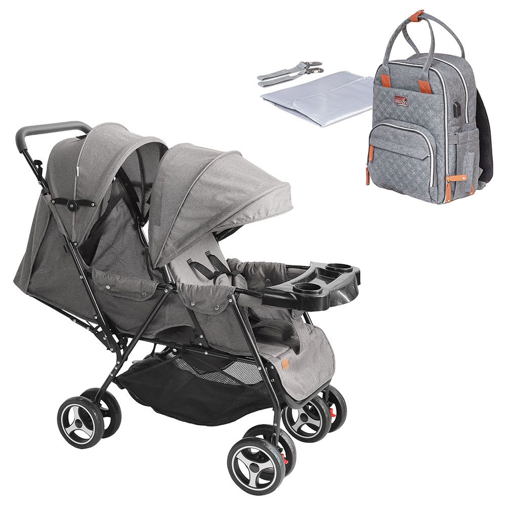 Moon - Tandem Easy Fold Twin Stroller - Grey & Nutra Diaper Backpack