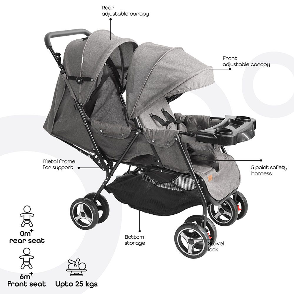 Moon - Tandem Easy Fold Twin Stroller - Grey & Nutra Diaper Backpack