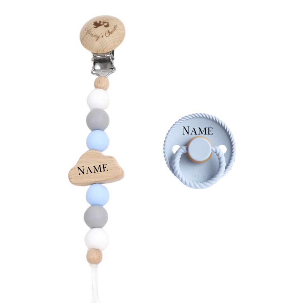 Mommy's Charms - Personalized Cloudy Dreams Frigg Pacifier With Clip - 2 Pcs - Blue