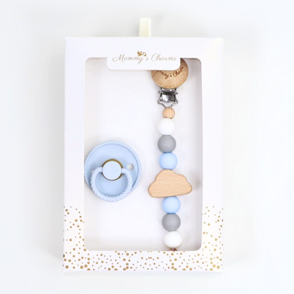 Mommy's Charms - Personalized Cloudy Dreams Frigg Pacifier With Clip - 2 Pcs - Blue