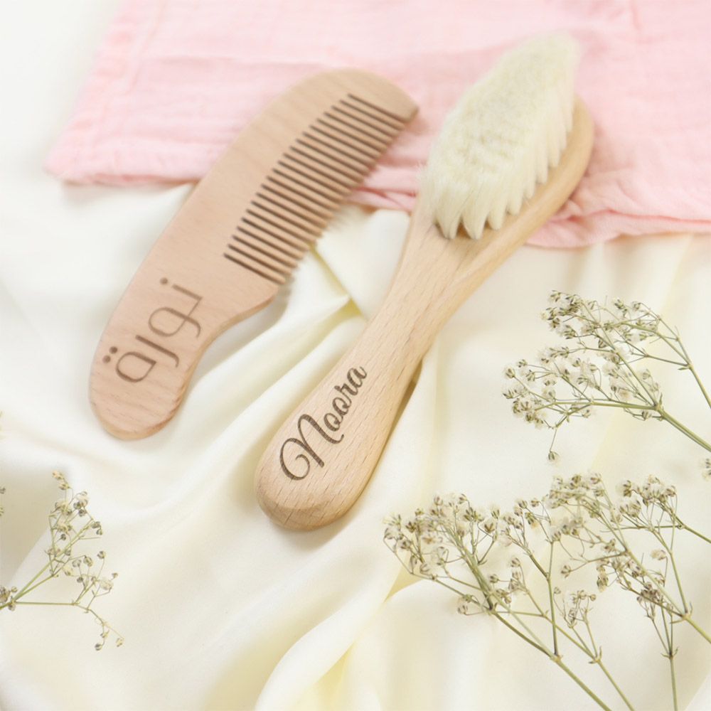 Mommy's Charms - Personalized Natural Baby Wooden Hair Brush Set