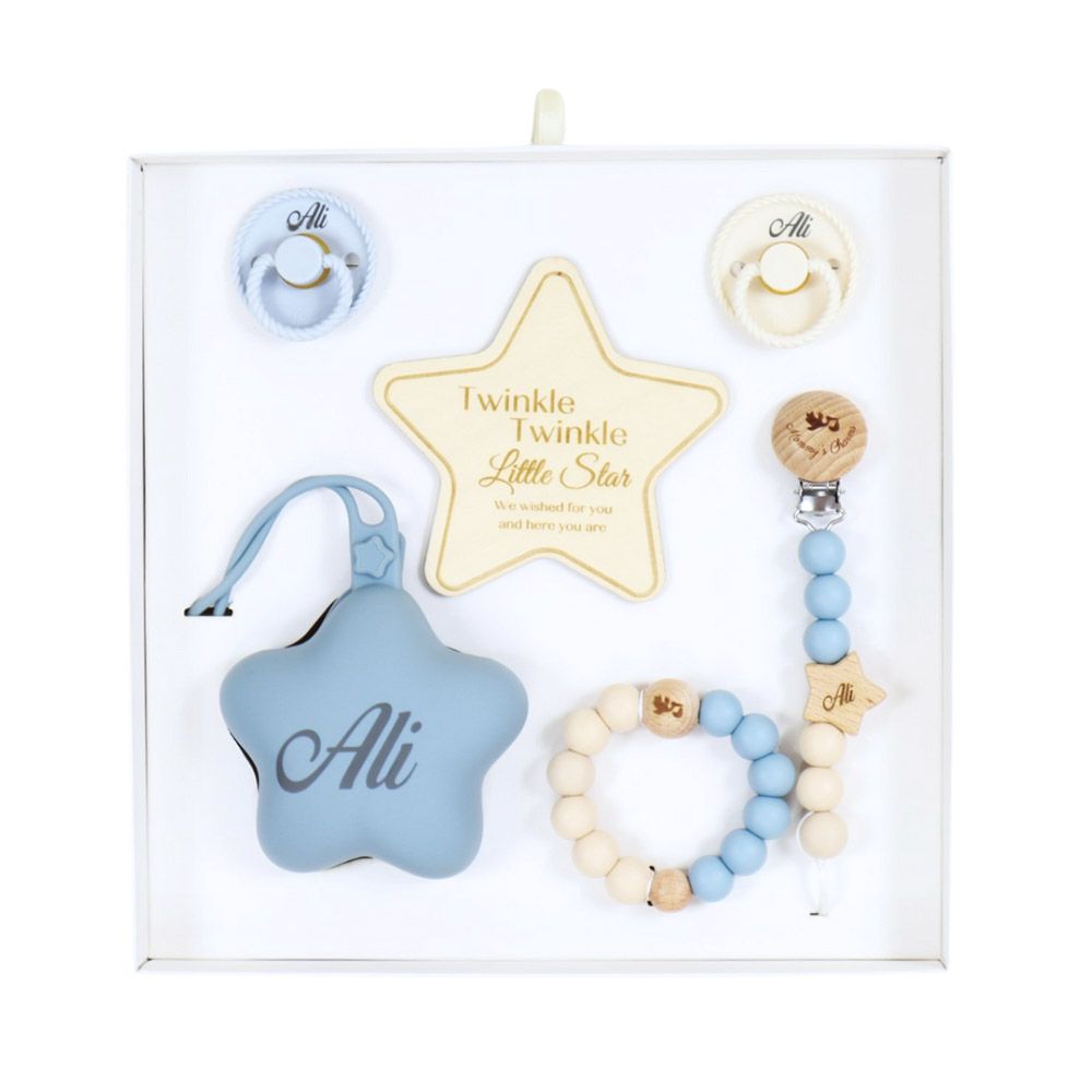 Mommy's Charms - Personalized Ultimate Pacifier Baby Gift Set - 6 Pcs - Blue