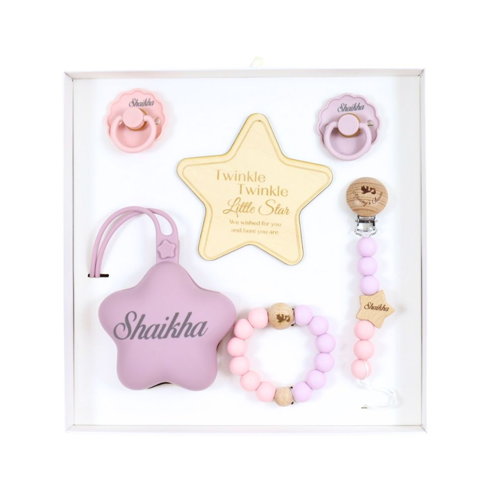 Mommy's Charms - Personalized Ultimate Pacifier Baby Gift Set - 6 Pcs - Purple