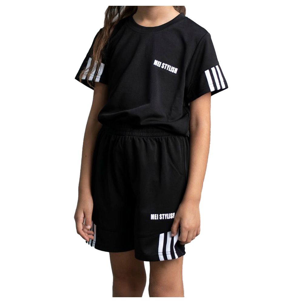 Mei Stylish - 2pc-Set - Active Wear T-Shirt And Shorts - Black