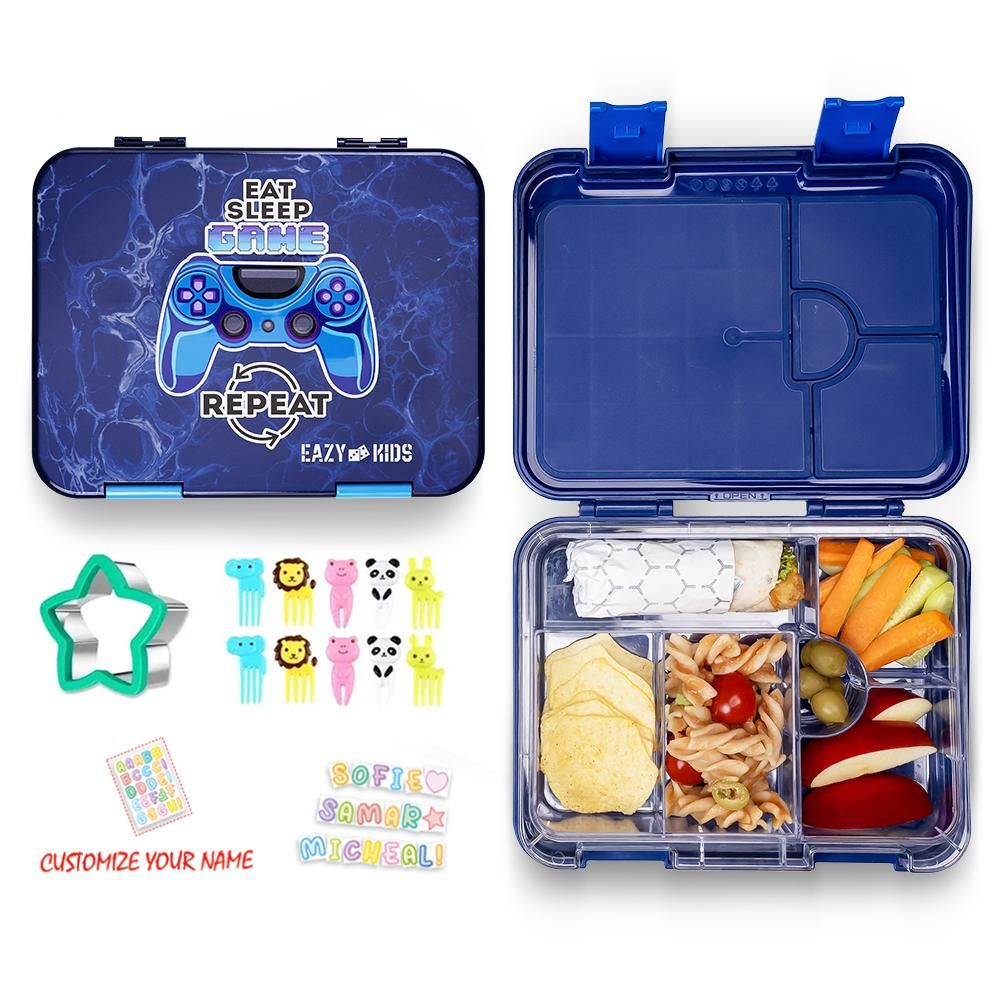 Eazy Kids - 4-5 Compartments Bento Lunch Box w/ Sandwich Cutter Set 1050ml - Eat Sleep Game