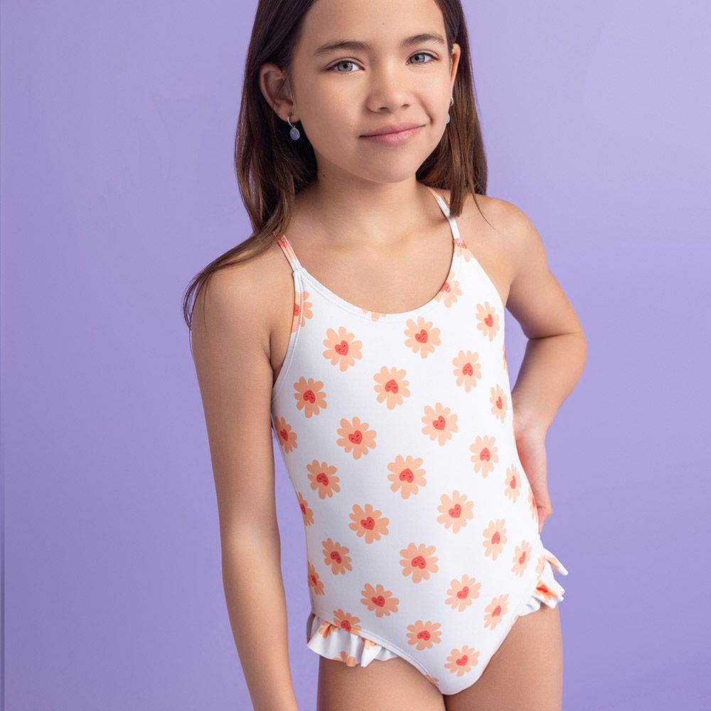 Swim Essentials - Flower Hearts All Over Girls Bathing Suit - White