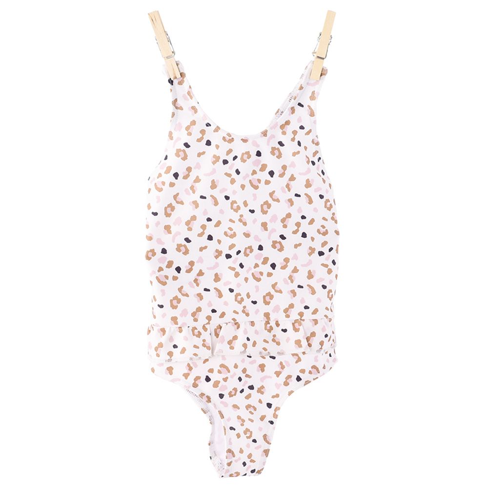 Swim Essentials - Kaki Leopard All Over Girls Bathing Suit - Off-White