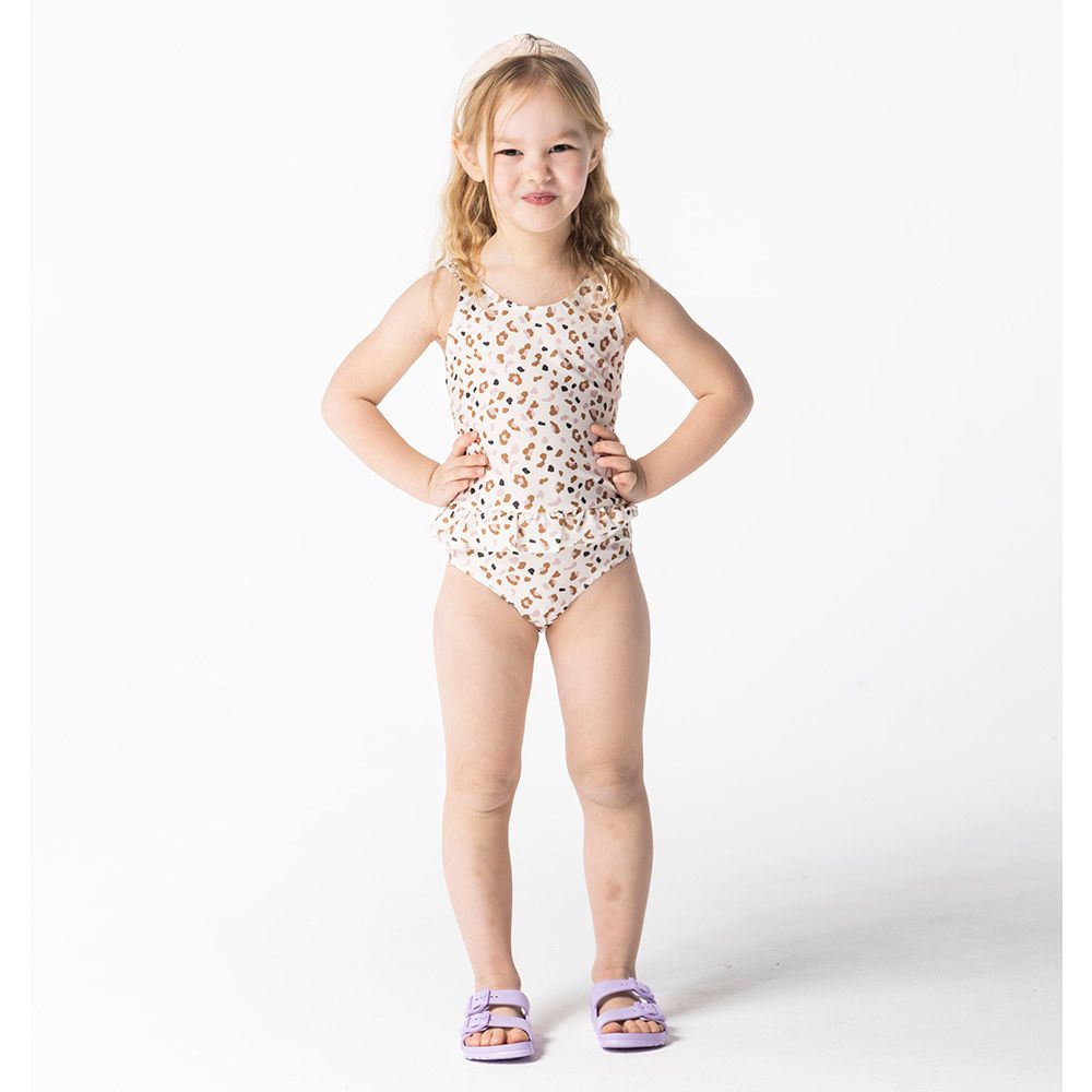 Swim Essentials - Kaki Leopard All Over Girls Bathing Suit - Off-White