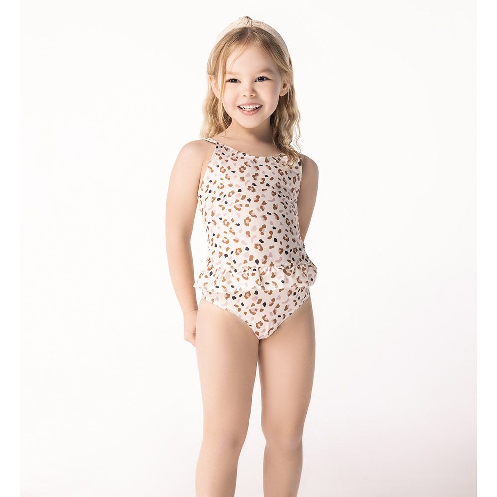 Swim Essentials - Kaki Leopard All Over Girls Bathing Suit - Off-White