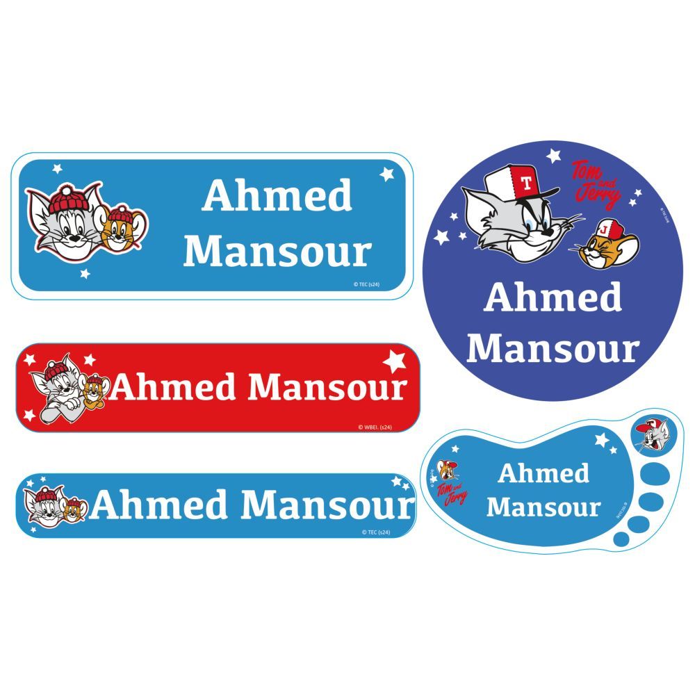 Essmak - Personalised Tom And Jerry Labels - Red/Blue/Purple - 74pcs