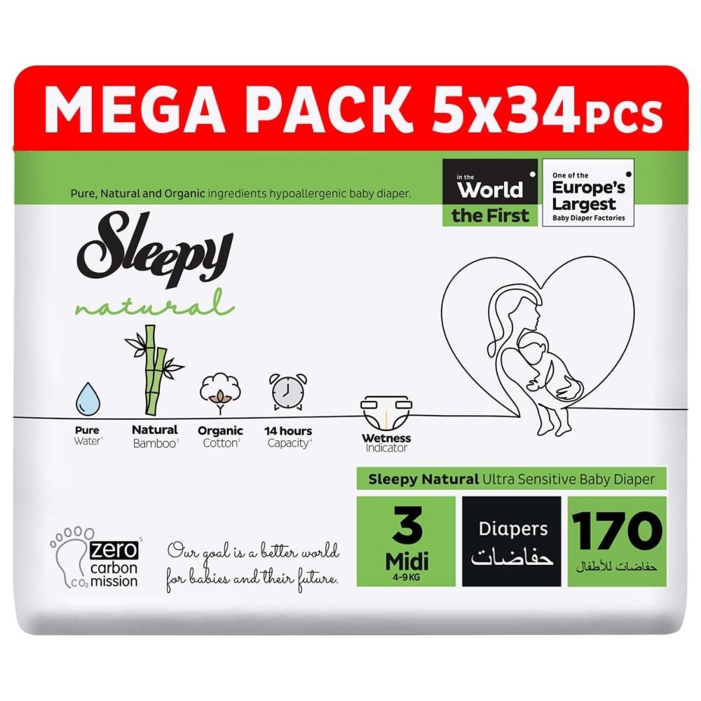 Sleepy - Natural Baby Dry Diapers - Size 3 - 4-9 Kg - 170 Count