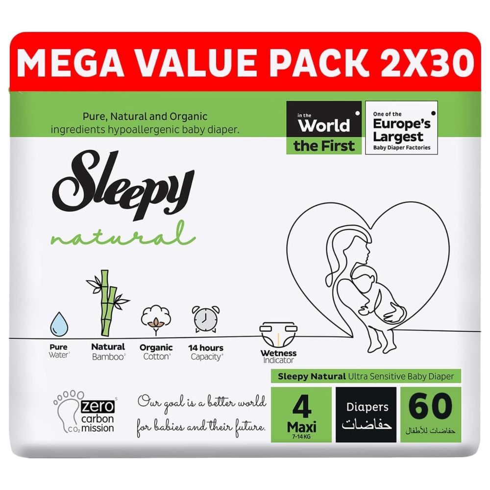 Sleepy - Natural Baby Dry Diapers - Size 4 - 7-14 Kg - 60 Count