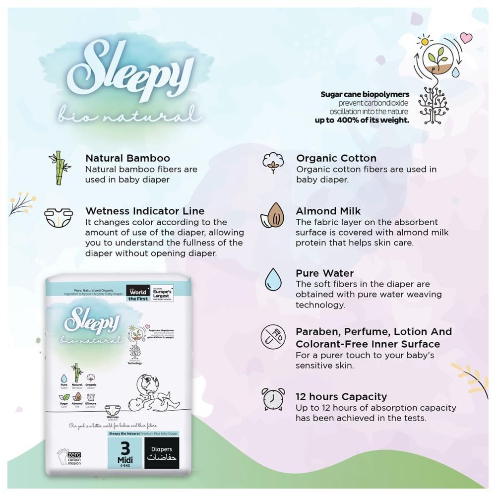 Sleepy - Bio Natural Premium Diapers - Size 3 - 4-9 Kg - 112 Count