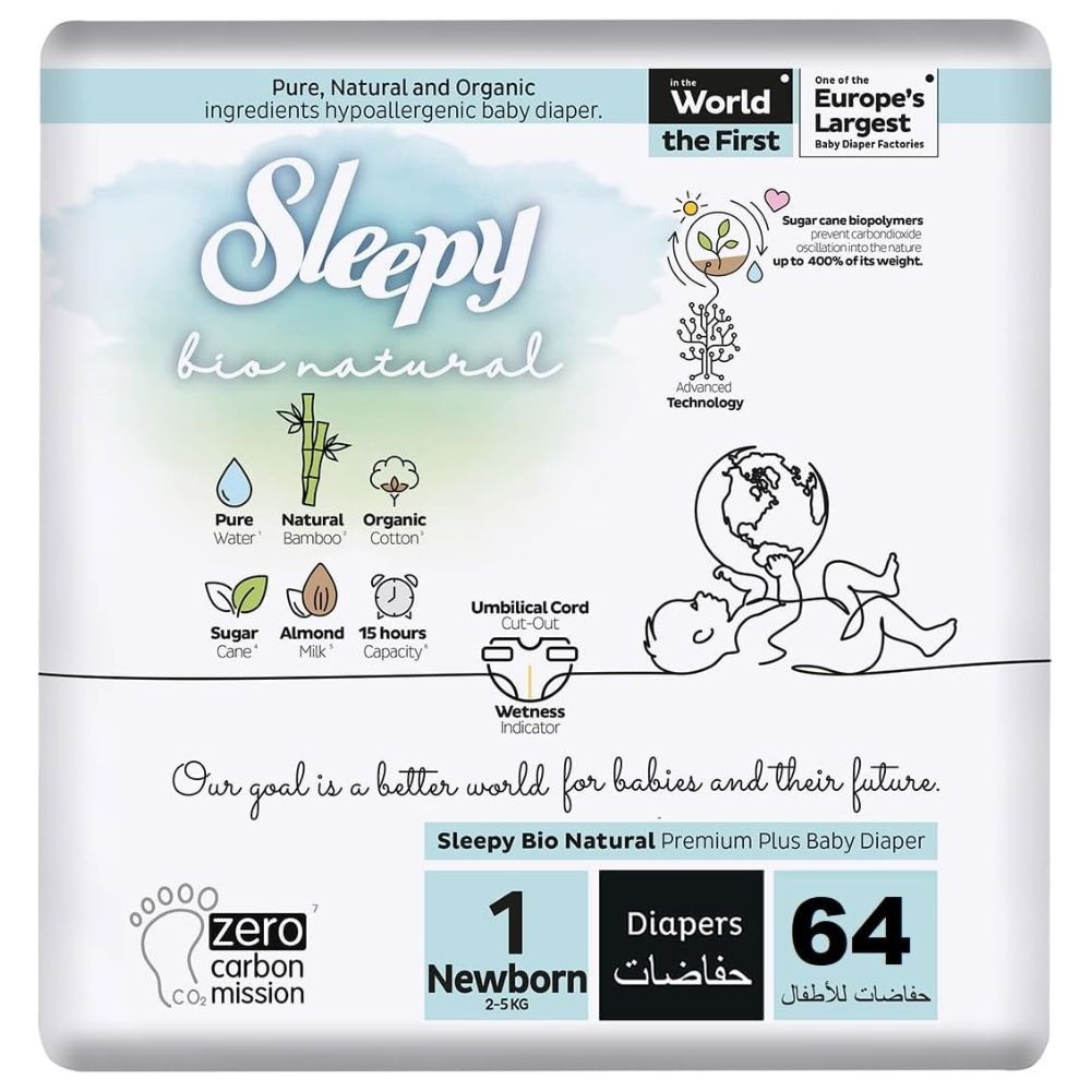 Sleepy - Bio Natural Premium Diapers - Size 1 - 2-5 Kg - 64 Count