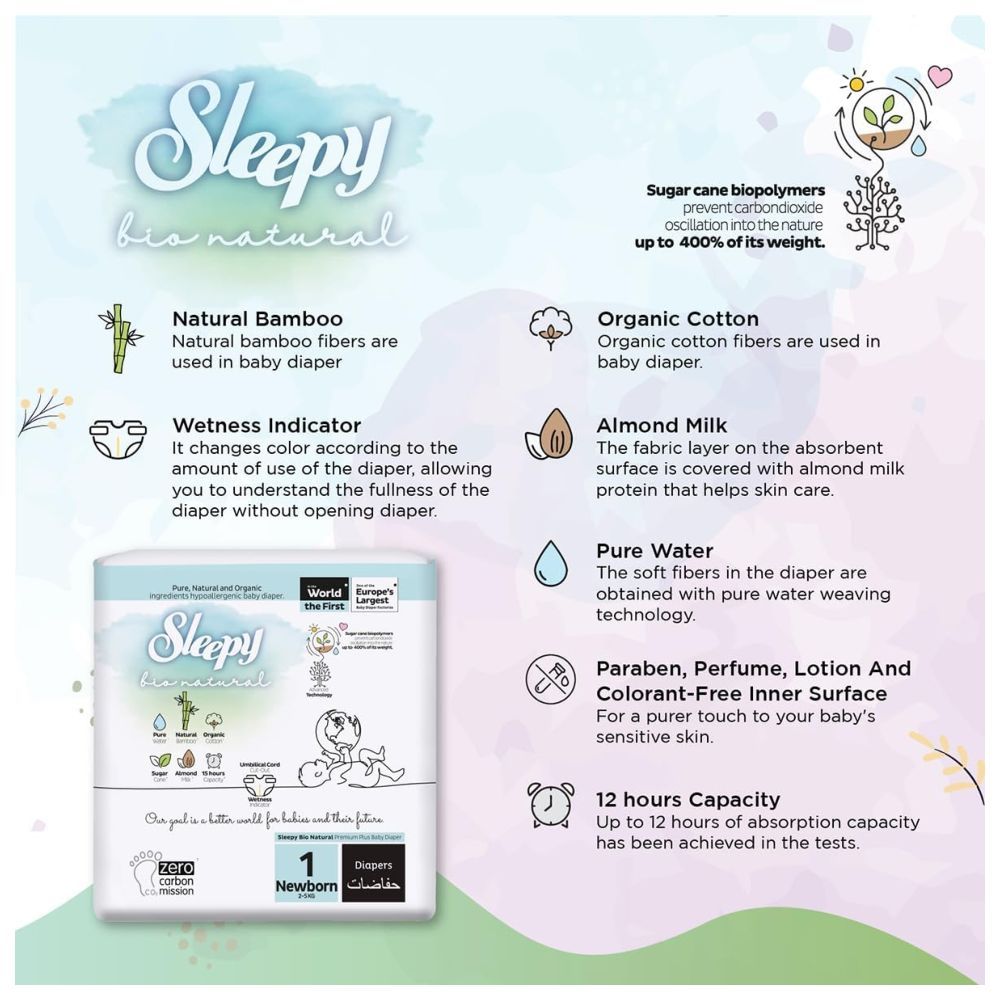 Sleepy - Bio Natural Premium Diapers - Size 1 - 2-5 Kg - 64 Count