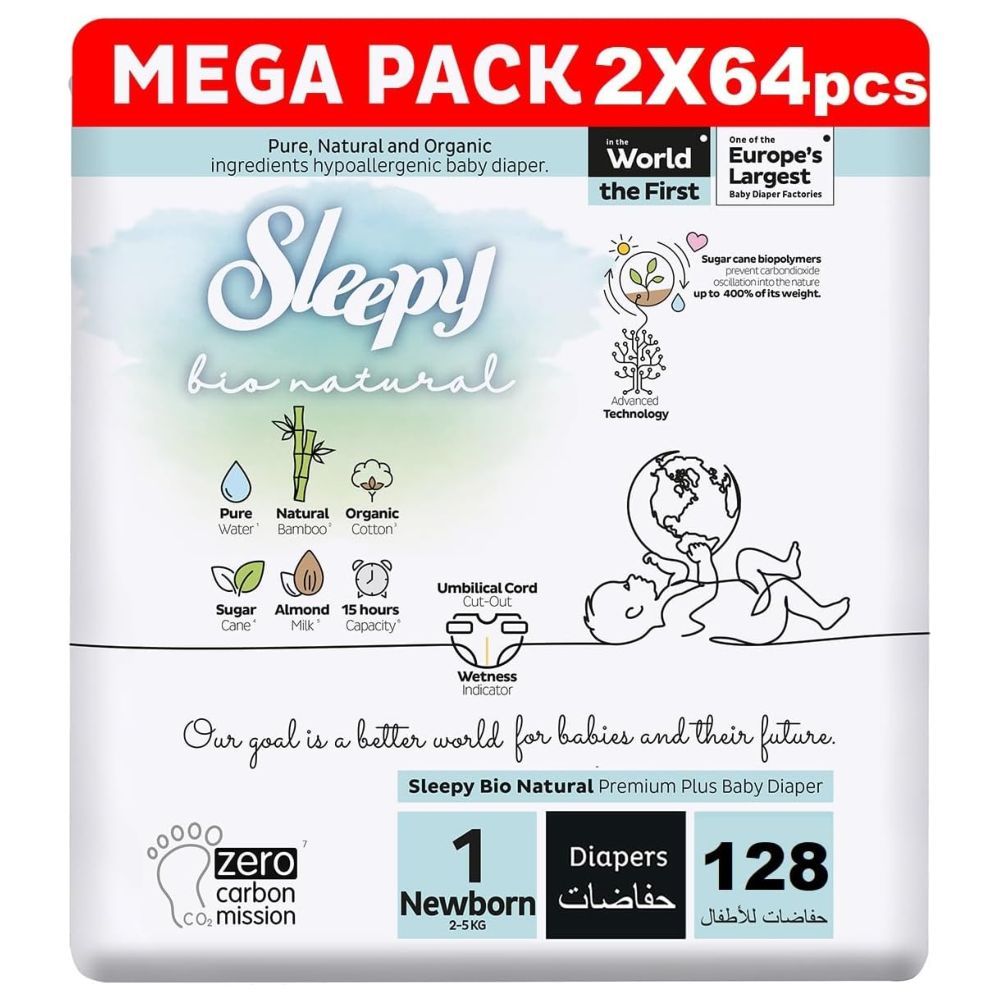 Sleepy - Bio Natural Premium Diapers - Size 1 - 2-5 Kg - 128 Count