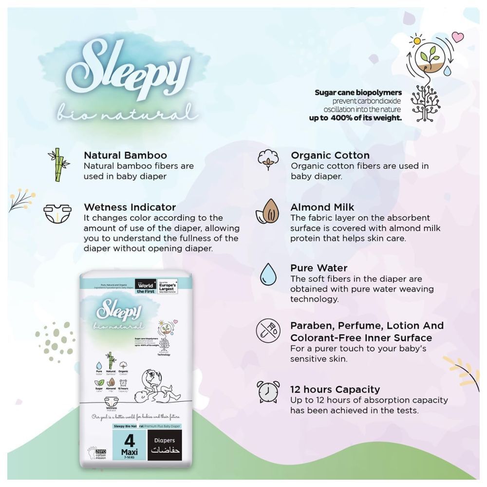 Sleepy - Bio Natural Premium Diapers - Size 4 - 7-14 Kg - 48 Count