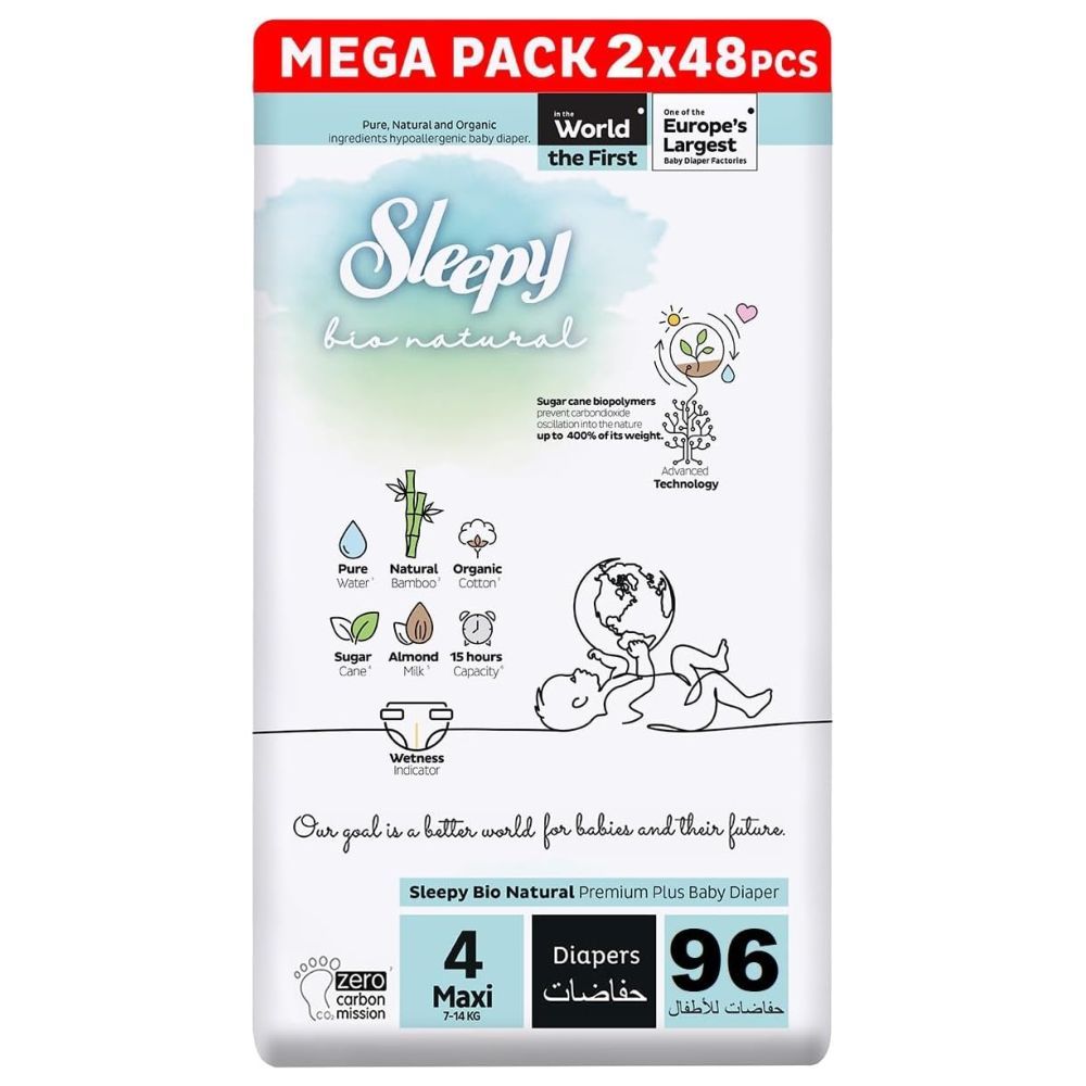 Sleepy - Bio Natural Premium Diapers - Size 4 - 7-14 Kg - 96 Count