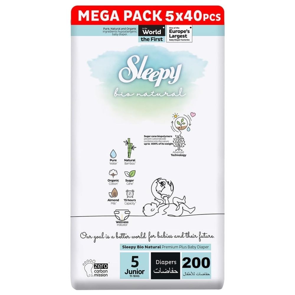 Sleepy - Bio Natural Premium Diapers - Size 5 - 11-18 Kg - 200 Count