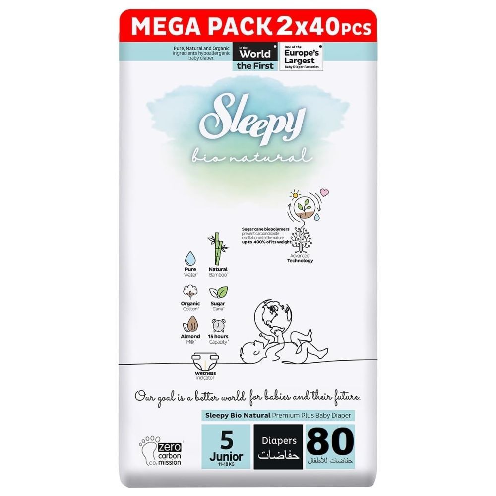 Sleepy - Bio Natural Premium Diapers - Size 5 - 11-18 Kg - 80 Count