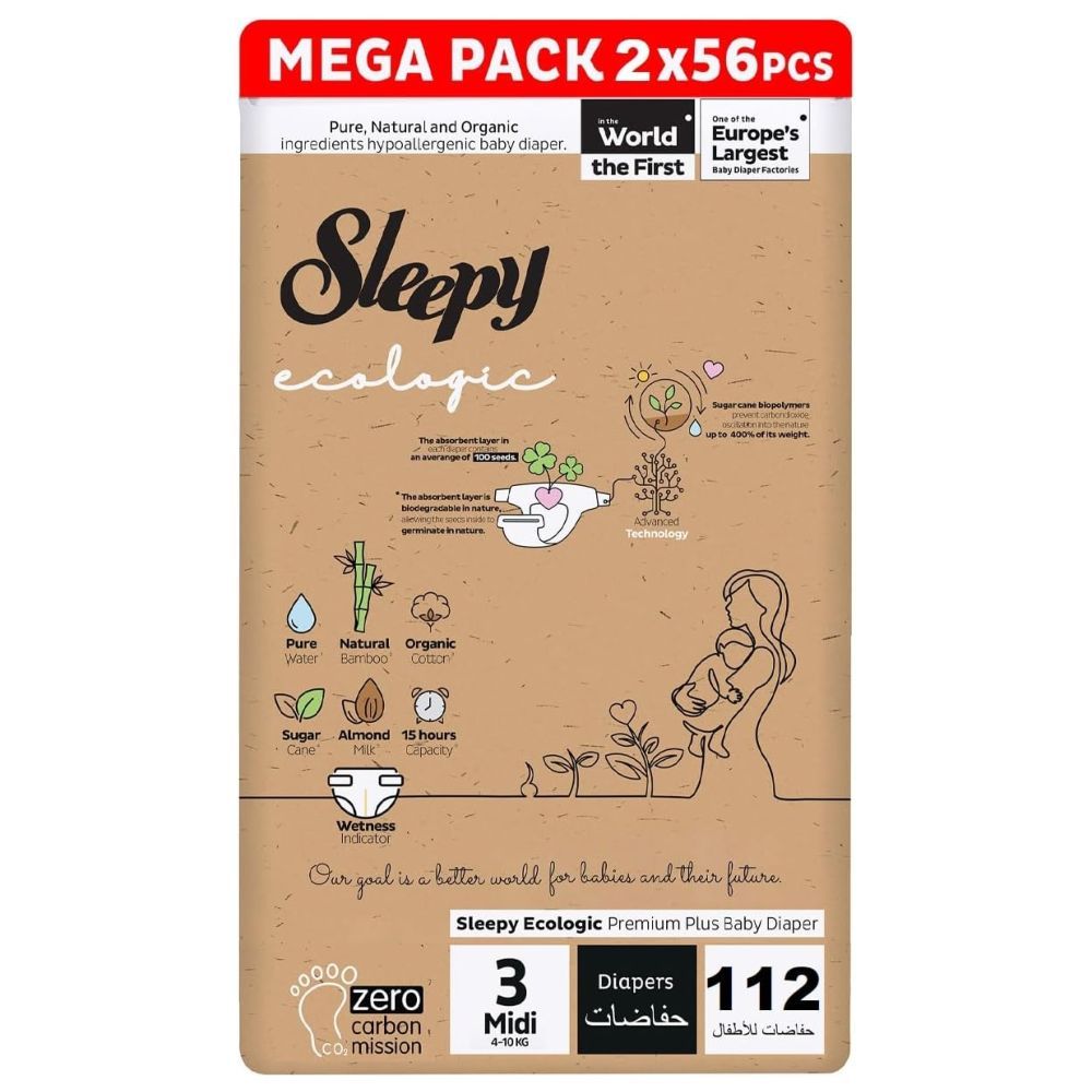 Sleepy - Ecologic Premium Taped Diapers - Size 3 - 4-10 Kg - 112 Count