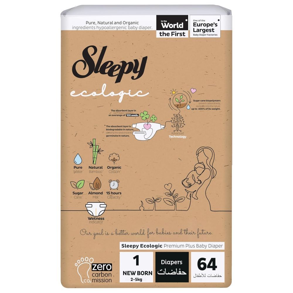 Sleepy - Ecologic Premium Taped Diapers - Size 1 - 2-5 Kg - 64 Count