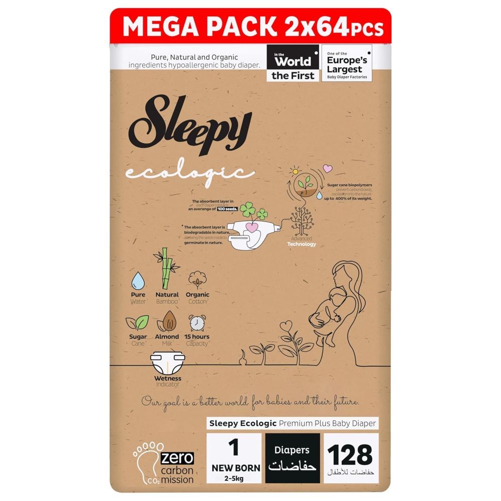 Sleepy - Ecologic Premium Taped Diapers - Size 1 - 2-5 Kg - 128 Count